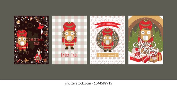 set Christmas card with Nutcracker puppet, tartan pattern, Mouse King, Old clock, Ballerina characters Sugar plum fairy with magic wand, gift boxes, bell, snowflake, tree