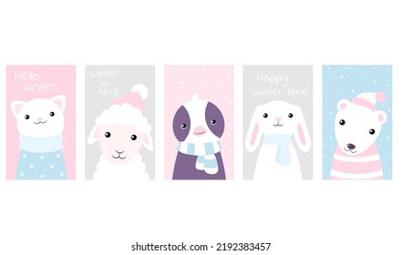 Set of Christmas card or poster with cute baby animal. Set of sticker, banner with cartoon animal in winter cloth. Inscription Hello winter Winter is here, Happy winter time. Vector illustration EPS8