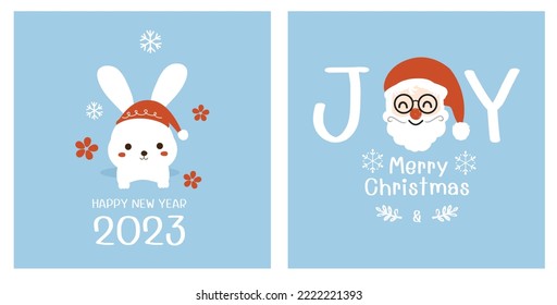 Set of Christmas card with rabbit cartoon, red flower, snowflakes, Santa Claus face and hand written fonts on blue backgrounds vector illustration. 