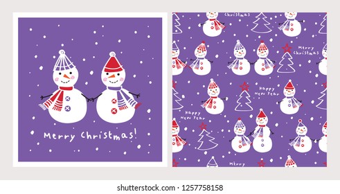 Set of Christmas card and seamless pattern with cute snowmen. Background for gift wrap, textile, wallpapers and scrapbook. Happy New Year 2019. Doodles, sketch for your design. Vector.