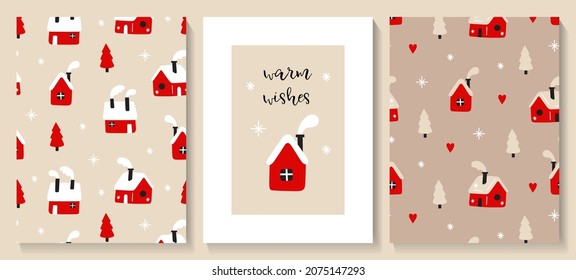 Set of Christmas card and seamless patterns with cute cozy house in scandinavian style. 
