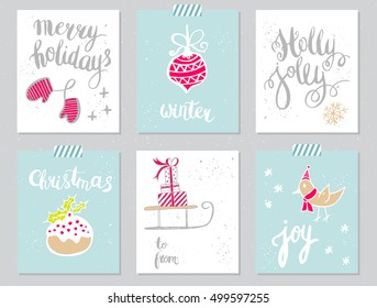 Set of Christmas card templates. Hand drawn lettering. Perfect brush typography for cards, poster, t-shirt, invitations and other types of holiday design. Vector illustration.
