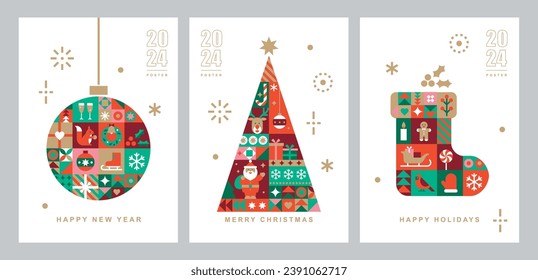 Conjunto de plantillas de tarjetas de Navidad. Iconos en abstracto estilo plano geométrico moderno. Balón de Navidad, árbol de Navidad y calcetín de Navidad. Diseño de Bauhaus. Felices vacaciones.Saludos de temporada.Ilustración vectorial.