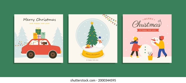 Conjunto de plantillas de tarjetas de Navidad sobre fondo verde. Ilustración plana del viaje por carretera, árbol de Navidad en el globo de nieve, y niños haciendo un muñeco de nieve. Adecuado para invitación y tarjeta de felicitación.