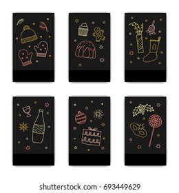 Set of Christmas card templates with outline doodle icons. Can be used for invitations, cards, posters, flayers, brochures, etc.