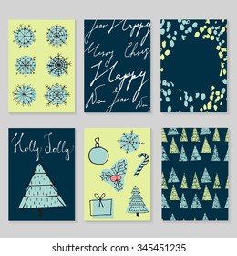 Set of Christmas card templates with Christmas Tree, Decorations, Snowflakes. Templates for Greeting, Congratulations, Invitations. Vector illustration. Hand drawn design elements and text.