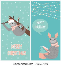 Set of Christmas card with two funny sloths in winter clothes