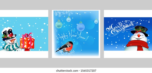 Set Christmas cards. 3 templates with Snowman for your Christmas and New year design: greeting cards, banners, posters. Happy snowman on a blue background with gifts. Vector illustration.