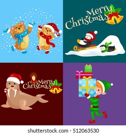 Set Christmas cards animals winter holiday background,penguins presents and sledding down, bears under snow elf banner,walrus Merry and Happy New Year card