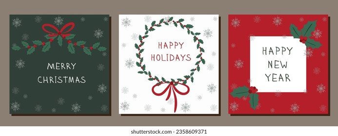 A set of Christmas cards. Christmas banner. Christmas wreath with a bow, Christmas tree branches, flowers