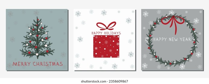 A set of Christmas cards. Christmas banner. Christmas wreath with bow, Christmas tree branches, flowers, gifts