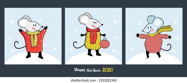 Set of Christmas cards and banners with cute cartoon mice in vector. Funny and happy new year mouse. Hand drawn text Happy New year. Chinese symbol 2020 new year. Christmas decoration. Doodle