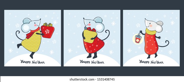 Set of Christmas cards and banners with cute cartoon mice in vector. Funny and happy new year mouse. Hand drawn text Happy New year. Chinese symbol 2020 new year. Christmas decoration. Doodle