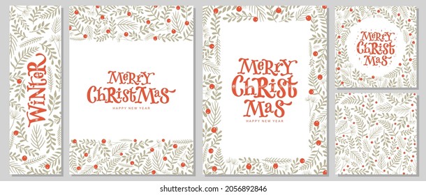 set of christmas cards, banners, patterns with floral elements, berries and lettering quotes. Invitation template, print, poster, etc. EPS 10