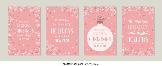 Set of Christmas cards with branches and hanging ball. Vector illustration