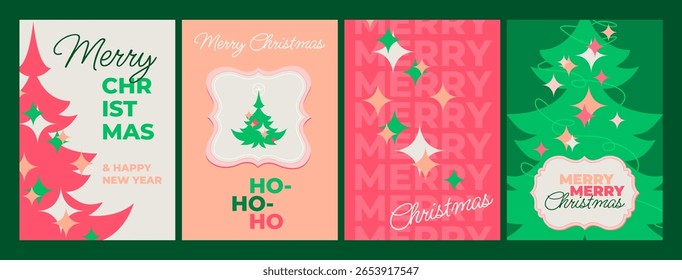 Conjunto de cartões de Natal em um estilo glamouroso brilhante. Cartões postais de feriado, cartazes, coleção de modelos de layout de banners. Conceito de X-mas saudação design para impressão, convite, decoração, AD, mídias sociais