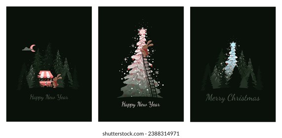 Set of Christmas cards. A bunny decorates the pink Christmas tree. Magic tree in the forest. Cute bunny with a candy cart in the winter forest.