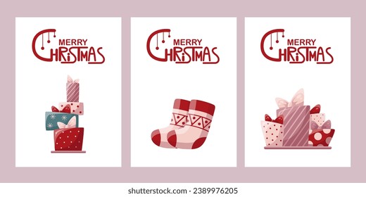 Set of Christmas cards with car, gift box, socks, snow globe. Handwritten lettering. Christmas party, celebration, congratulations, invitation concept. Vector illustration. Postcard, card, cover.