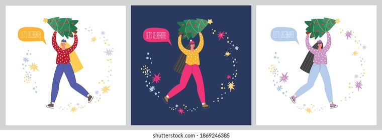 
set of Christmas cards with characters, new year cards vector, winter holidays celebration, girls and guys celebrate new year, Christmas placard and postcard, Scandinavian flat illustration