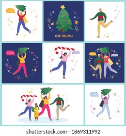 
set of Christmas cards with characters, new year cards vector, winter holidays celebration, girls and guys celebrate new year, Christmas placard and postcard, Scandinavian flat illustration