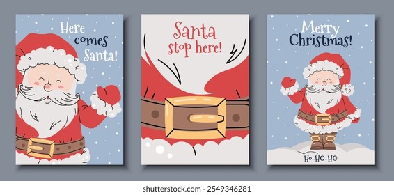 Set of Christmas cards with cheerful Santa Claus in red suit waving hand on snowy blue background in flat cartoon style. Vector illustration for poster, banner, invitation, etc