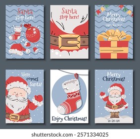 Set of Christmas cards with cheerful Santa Claus in red suit waving hand on snowy blue background in flat cartoon style. Vector illustration for poster, banner, invitation, etc