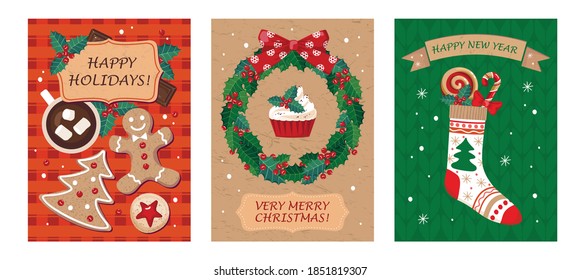 A set of Christmas cards with cookies, coffee, mistletoe wreath, sock, greeting inscriptions. Red, green and gold colors, Kraft paper. Vector, isolated.

