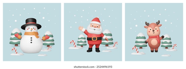 Set of Christmas cards with cute 3d characters. Santa Claus waving his hand, baby deer, snowman in top hat, snowy trees, candy canes on blue background. New Year banners, posters. Vector illustration.