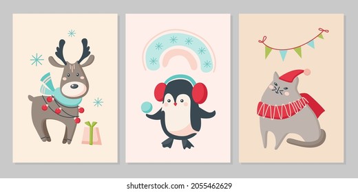 Set of Christmas cards with cute animals. Characters reindeer, penguin, cat with snowflakes, rainbow, banner. Vector flat illustration.  Design for greeting card, flyer, banner, social media