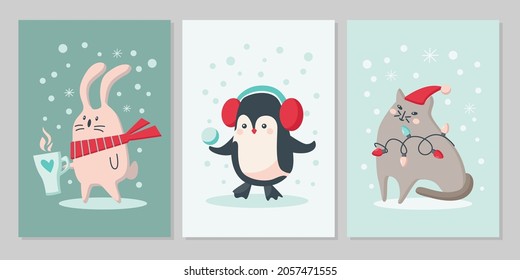Set of Christmas cards with cute animals. Woodland characters rabbit, penguin, cat with snowflakes. Vector flat illustration.  Design for greeting card, flyer, banner, social media