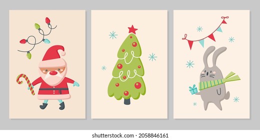 Set of Christmas cards with cute animals. Characters reindeer, rabbit, Santa Claus with snowflakes. Vector flat illustration.  Design for greeting card, flyer, banner, social media