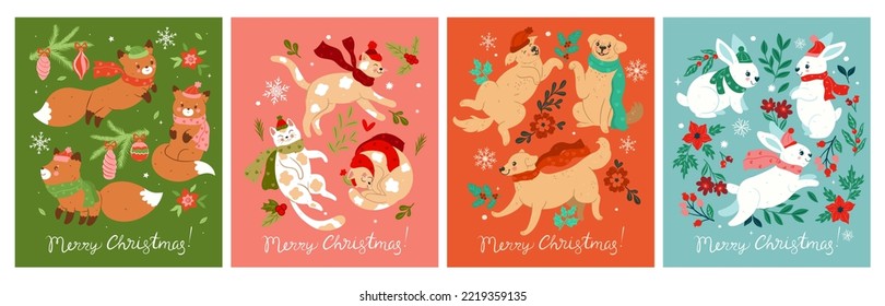 Set of Christmas cards with cute animals in scarves and hats. Vector graphics.