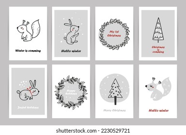 Set of Christmas cards with cute animals and trees. Perfect for greeting cards, nursery decorations, posters and wall decorations