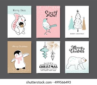 Set of Christmas cards with cute animals