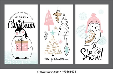 Set Of Christmas Cards With Cute Animals