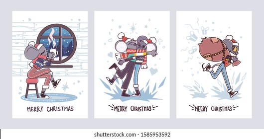 Set of Christmas cards with cute cartoon mice in vector. Funny and happy new year of mouse or rat. Chinese symbol 2020 new year.