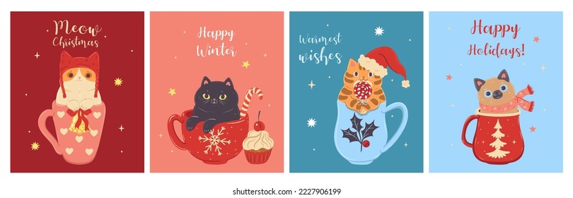 Set of Christmas cards with cute cats in mugs.Vector graphics.