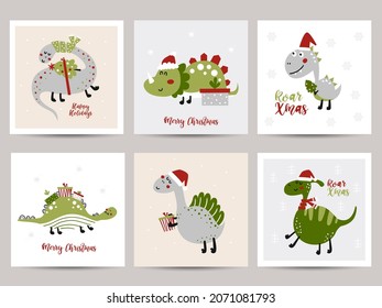 Set of Christmas cards with cute dinosaurs.