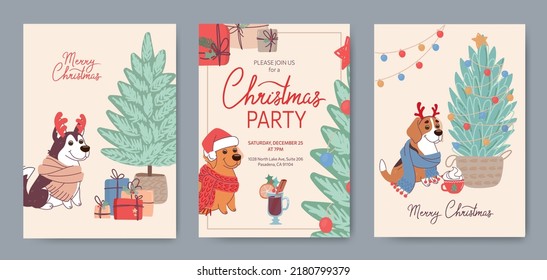 Set of Christmas cards with cute dogs of different breeds. Vector greeting cards and party invitation in flat style. Husky, labrador and beagle cartoon characters in festive costumes. Lettering.
