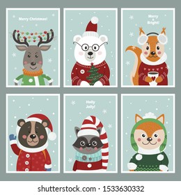 Set Christmas Cards Cute Forest Animals Stock Vector (Royalty Free ...