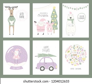 Set of Christmas cards with cute funny cartoon Santa Claus, polar bear, pig, deer, snowman, snow globe, tree, car, typography. Hand drawn vector illustration. Flat style design. Concept for print.
