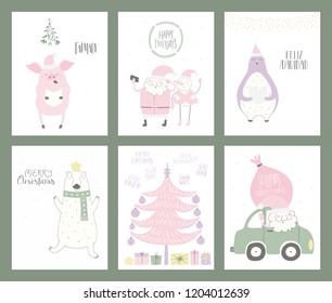 Set of Christmas cards with cute funny cartoon Santa Claus, polar bear, penguin, snowman, tree, car, typography. Hand drawn vector illustration. Flat style design. Concept for print, holiday season.