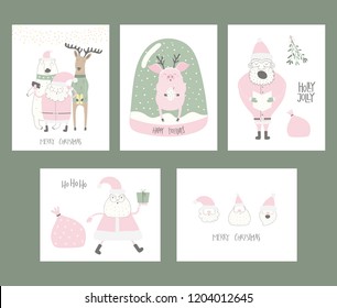 Set of Christmas cards with cute funny cartoon Santa Claus, polar bear, pig, deer, snow globe, typography. Hand drawn vector illustration. Flat style design. Concept for print, holiday season.