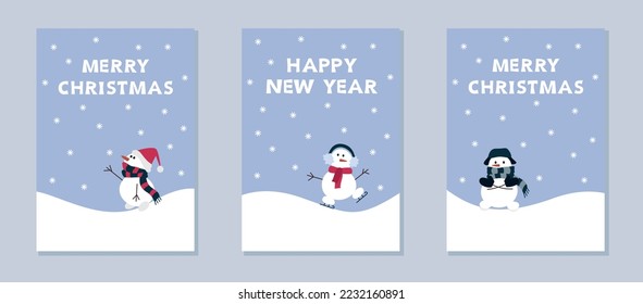 Set of Christmas cards with cute funny snowmen. Merry christmas and happy new year lettering.