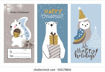 Set of Christmas cards with cute little squirrel, bear and owl