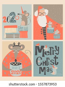 Set of Christmas cards with cute mouse and Santa Claus