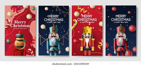 Set of Christmas cards with cute Nutcracker. Xmas lettering. Holiday greeting card collection. New year invitation, banner, poster, vector illustration