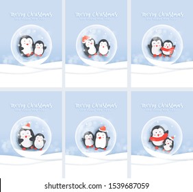 set of Christmas cards with cute penguins in paper cut and craft style .