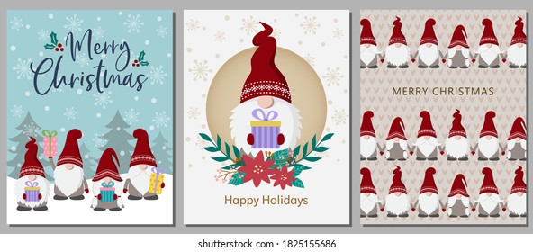 Set of Christmas cards with cute Scandinavian gnomes. Flat cartoon style gnome characters. 