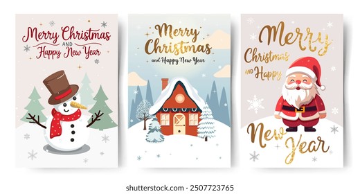 Set of Christmas cards with cute winter characters and houses. Golden lettering. Childish greeting card collection. New year invitation, banner